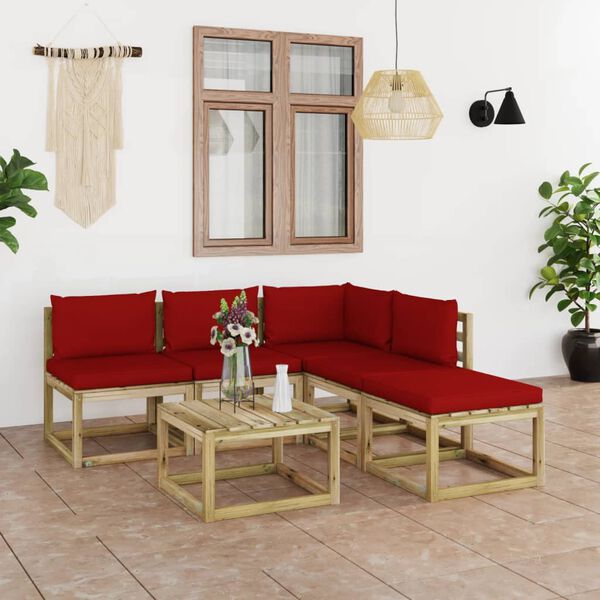 vidaXL 6 pcs conjunto lounge de jardim c/ almofad&otilde;es vermelho tinto