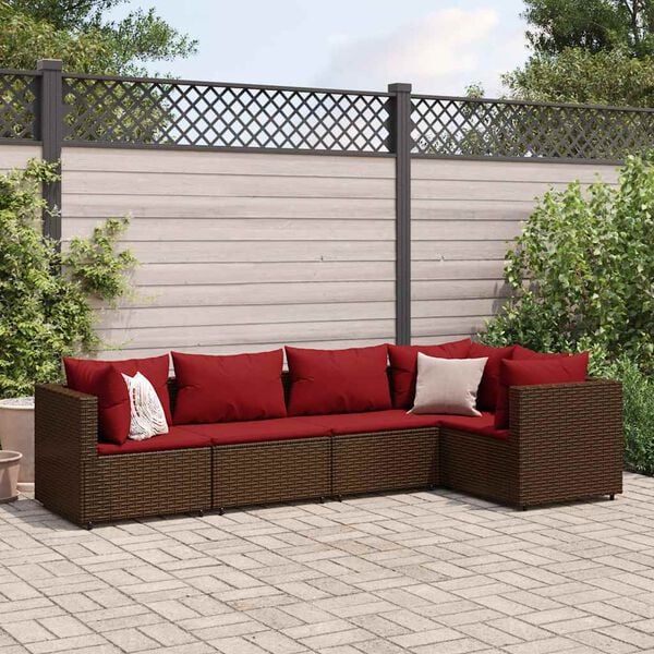 vidaXL 5 pcs conjunto lounge jardim c/ almofad&otilde;es vime PE castanho