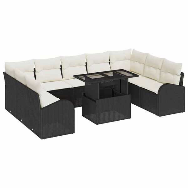 vidaXL Conjunto de Sof&aacute;s com almofada 10 pcs Preto e Creme vime PE
