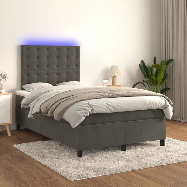 vidaXL Cama box spring c/ colch&atilde;o/LED 120x200cm veludo cinzento-escuro