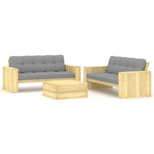 vidaXL 3 pcs conjunto lounge de jardim com almofad&otilde;es pinho impregnado