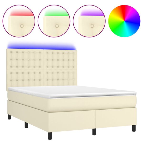 vidaXL Cama box spring c/ colch&atilde;o/LED 140x200cm couro artificial creme