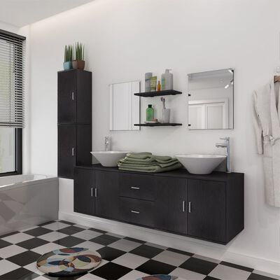 vidaXL Conjunto móveis casa de banho 11 pcs com bacia e torneira preto