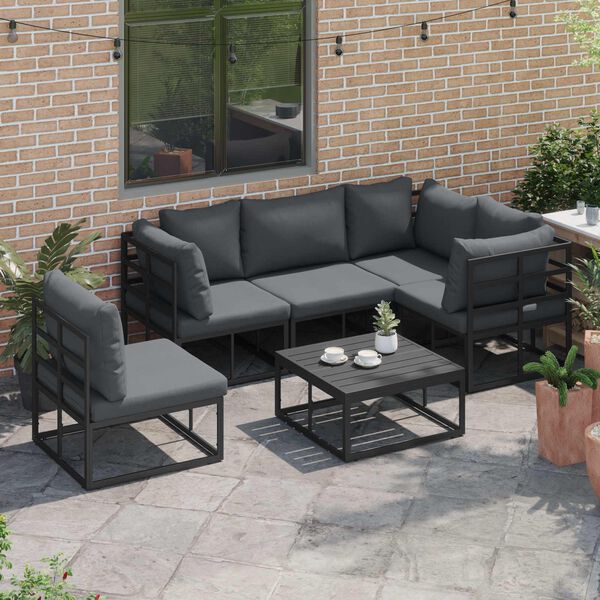 vidaXL Conjunto de Sof&aacute; de Jardim com almofada 6 pcs Preto Alum&iacute;nio