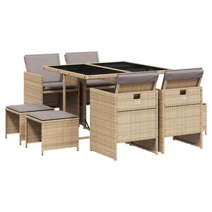 vidaXL 9 pcs conj. jantar jardim c/ almofad&otilde;es vime PE bege misturado