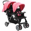 vidaXL Carrinho de beb&eacute; para g&eacute;meos a&ccedil;o cor-de-rosa e preto