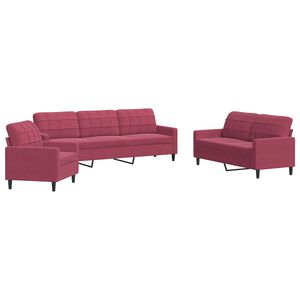 vidaXL 3 pcs conjunto de sof&aacute;s com almofad&otilde;es veludo vermelho tinto