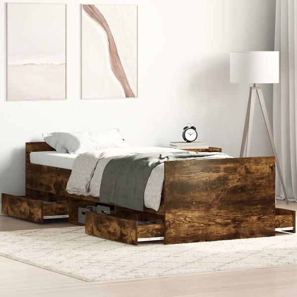 vidaXL Estrutura de cama c/ pain&eacute;is de cabeceira e p&eacute;s carvalho fumado