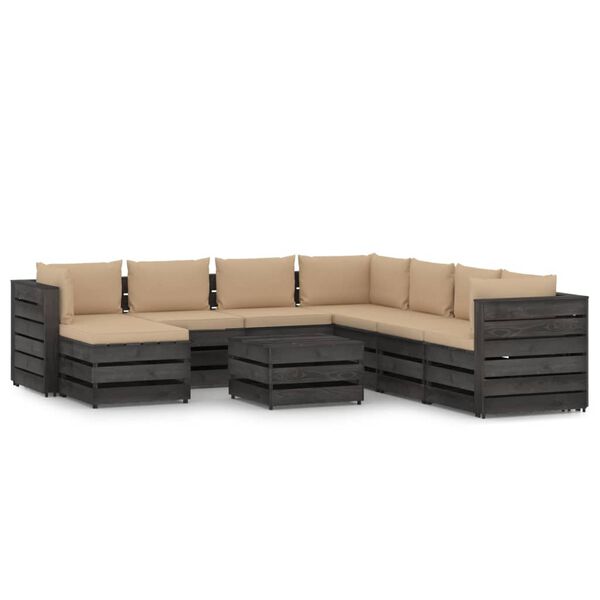 vidaXL 9 pcs conj. lounge jardim c/ almofad&otilde;es madeira impreg. cinza