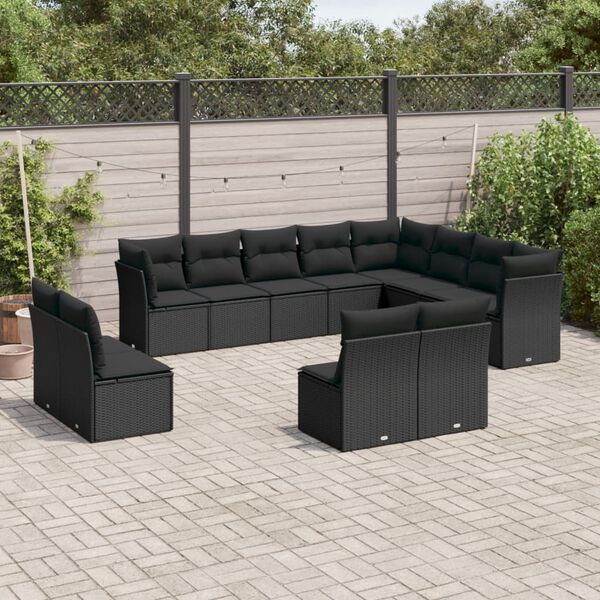 vidaXL 12 pcs conjunto de sof&aacute;s de jardim c/ almofad&otilde;es vime PE preto
