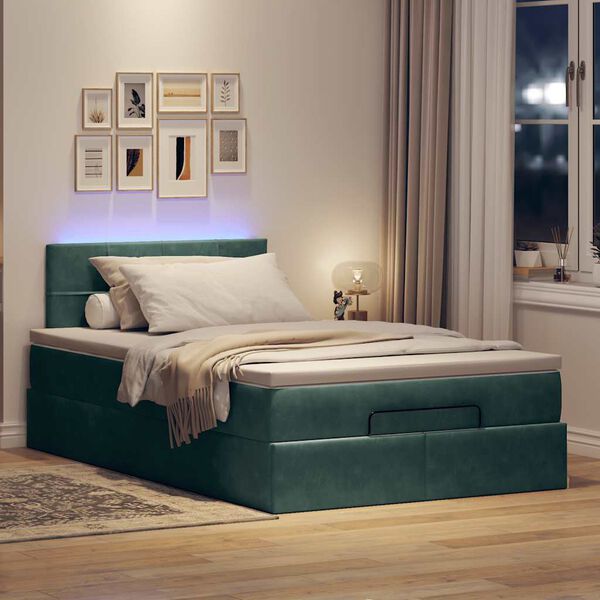 vidaXL Cama otomana com colch&atilde;o & LEDs 120x190cm veludo verde-escuro