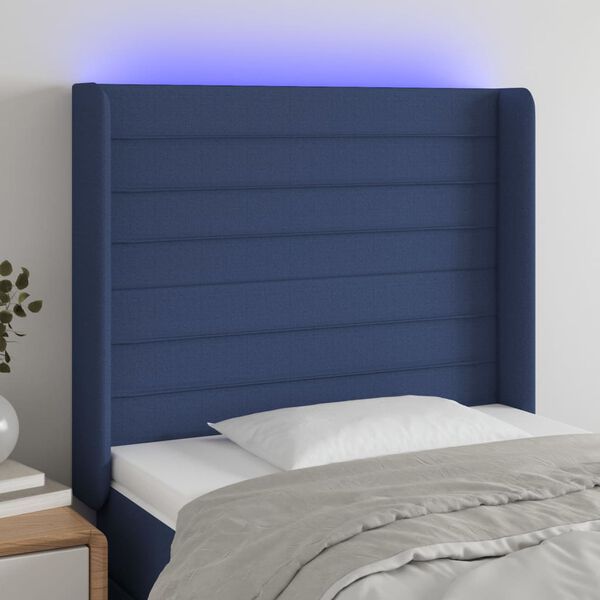 vidaXL Cabeceira de cama c/ luzes LED tecido 83x16x118/128 cm azul