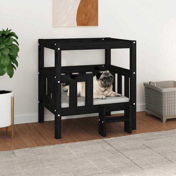vidaXL Cama para c&atilde;es 65,5x50,5x70 cm madeira de pinho maci&ccedil;a preto