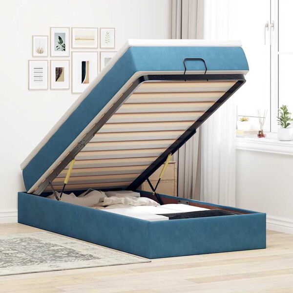 vidaXL Estrutura cama otomana com colch&atilde;o azul escuro 90x190cm veludo