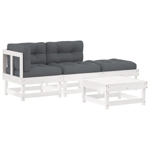 vidaXL 4pcs conjunto lounge jardim c/ almofadões madeira maciça branco