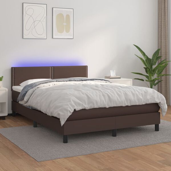 vidaXL Cama box spring c/ colch&atilde;o/LED 140x200 cm couro artif. castanho