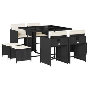 vidaXL 9 pcs conjunto de jantar p/ jardim c/ almofad&otilde;es vime PE preto