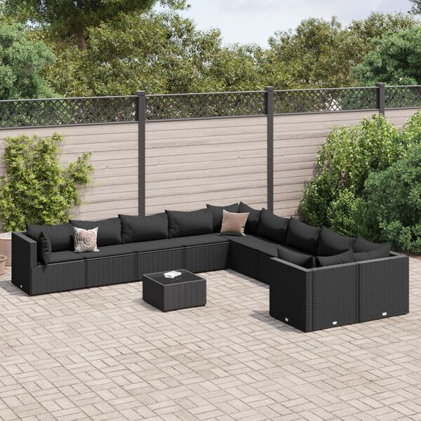 vidaXL 11 pcs conjunto sofás de jardim c/ almofadões vime PE preto
