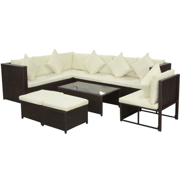 vidaXL 8 pcs conjunto lounge jardim c/ almofad&otilde;es vime PE castanho
