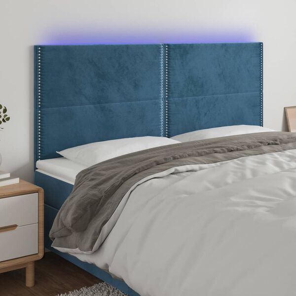 vidaXL Cabeceira cama c/ luzes LED veludo 160x5x118/128cm azul-escuro