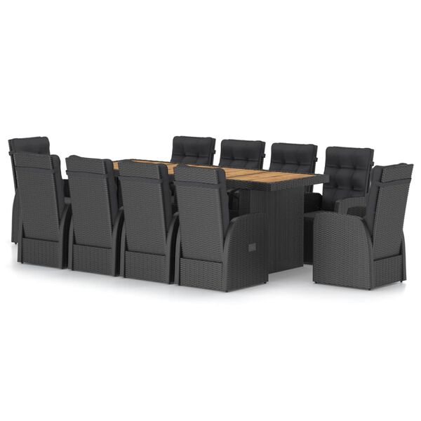 vidaXL 11 pcs conjunto jantar exterior com almofadões vime PE preto