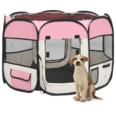 vidaXL Parque dobrável p/ cão c/ saco de transporte 90x90x58 cm rosa