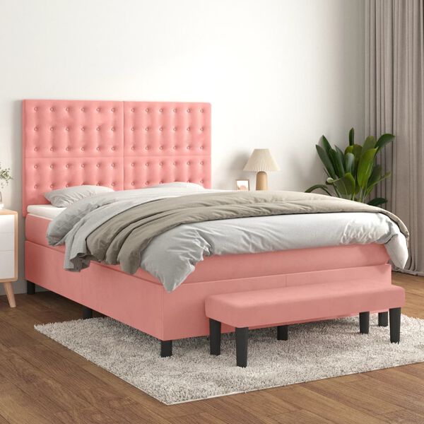 vidaXL Cama com molas/colch&atilde;o 140x190 cm veludo rosa