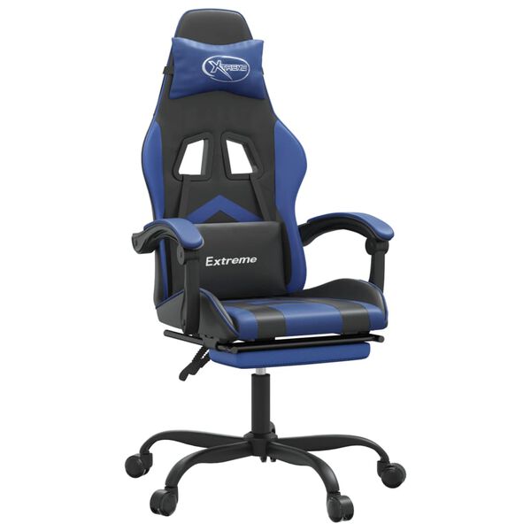 vidaXL Cadeira gaming girat&oacute;ria c/ apoio p&eacute;s couro artif. preto/azul