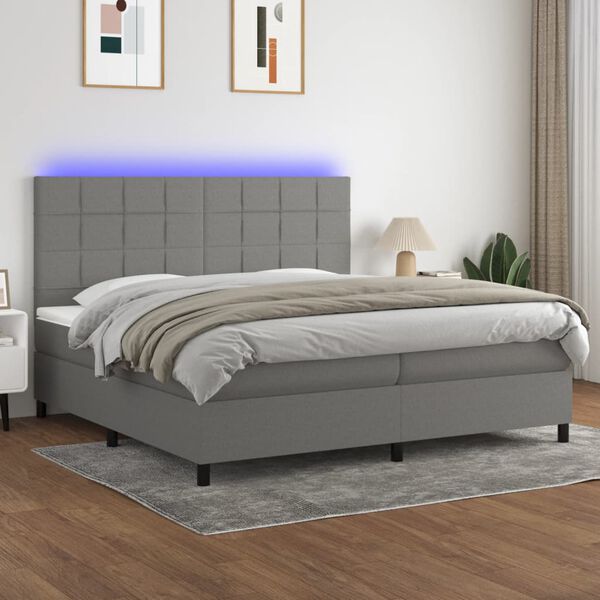 vidaXL Cama box spring c/ colch&atilde;o e LED 200x200 cm tecido cinza-escuro