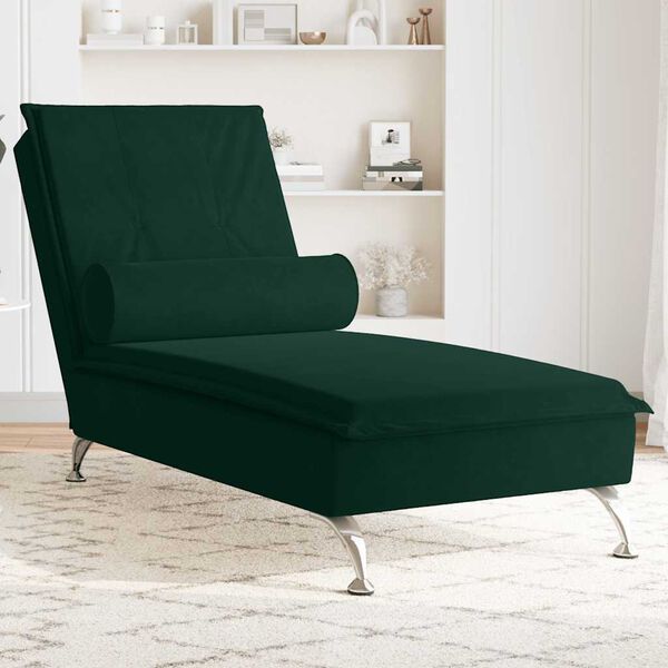 vidaXL Chaise lounge de massagem com rolo tecido verde-escuro
