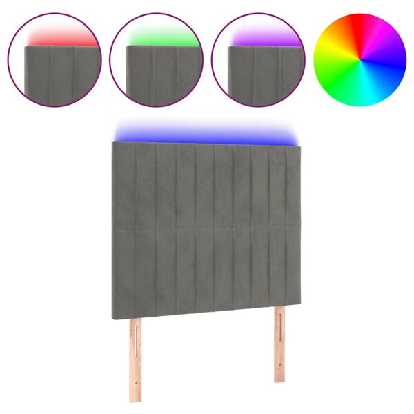 vidaXL Cabeceira cama c/ luzes LED veludo 100x5x118/128cm cinza-claro