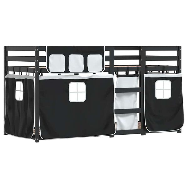 vidaXL Beliche com cortinas 90x190 cm pinho maci&ccedil;o branco e preto