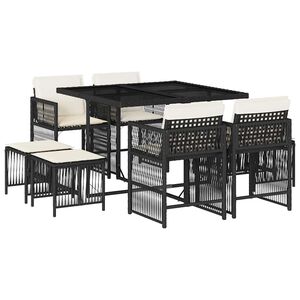 vidaXL 9 pcs conjunto de jantar p/ jardim c/ almofad&otilde;es vime PE preto