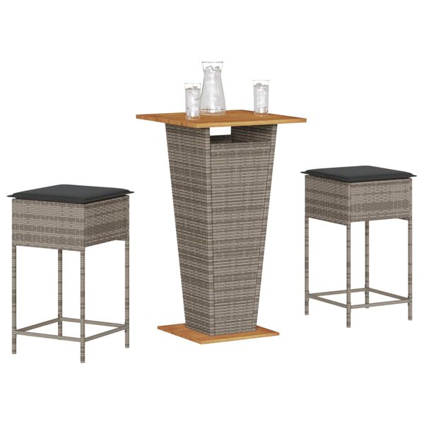 vidaXL 3 pcs conjunto de bar p/ jardim c/ almofad&otilde;es vime PE cinzento