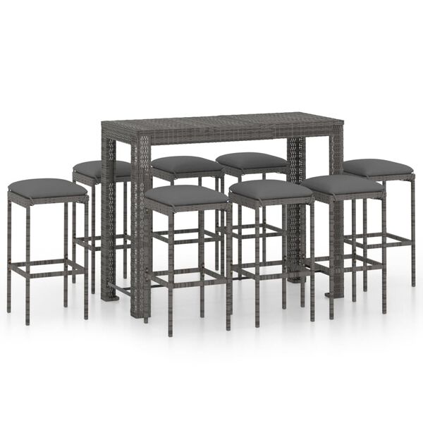vidaXL 9 pcs conjunto de bar p/ jardim c/ almofadões vime PE cinzento