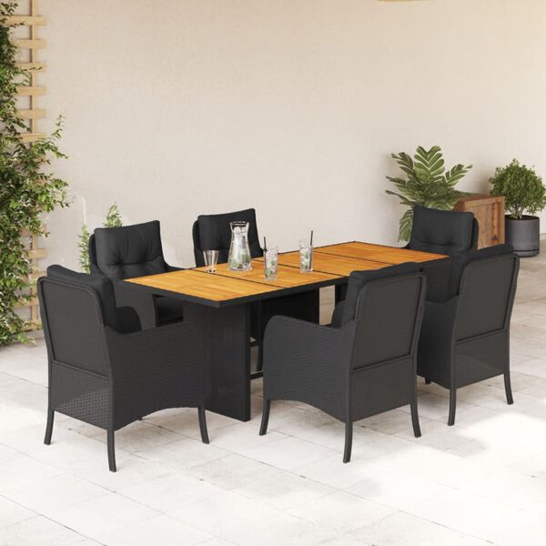 vidaXL 7 pcs conjunto de jantar p/ jardim c/ almofad&otilde;es vime PE preto