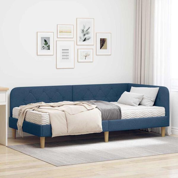 vidaXL Estrutura de Cama de Canto com colch&atilde;o Azul 100 x 200 cm tecido