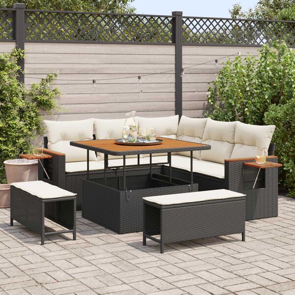 vidaXL Conjunto de Sof&aacute; de Jardim com almofada 8 pcs Preto e Creme