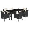 vidaXL 7 pcs conjunto de jantar p/ jardim c/ almofad&otilde;es vime PE preto
