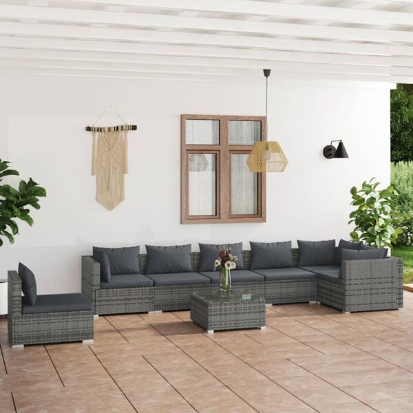 vidaXL 8 pcs conjunto lounge de jardim c/ almofad&otilde;es vime PE cinzento