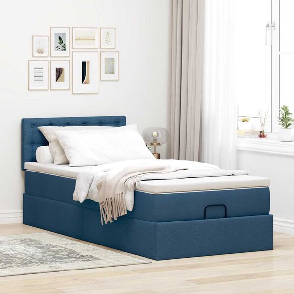 vidaXL Estrutura de cama otomana com colch&atilde;o tecido azul 90x190cm