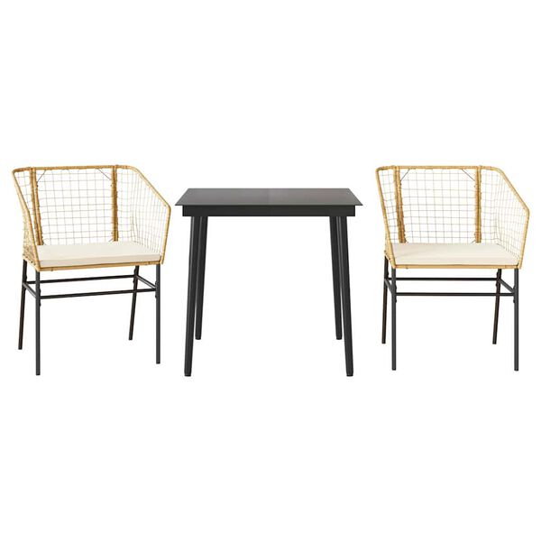 vidaXL Conjunto jantar jardim 3 pe&ccedil;as almofadas vidro vime PE castanho