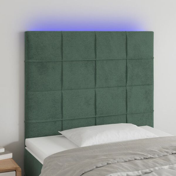 vidaXL Cabeceira de cama c/ LED veludo 80x5x118/128 cm verde-escuro