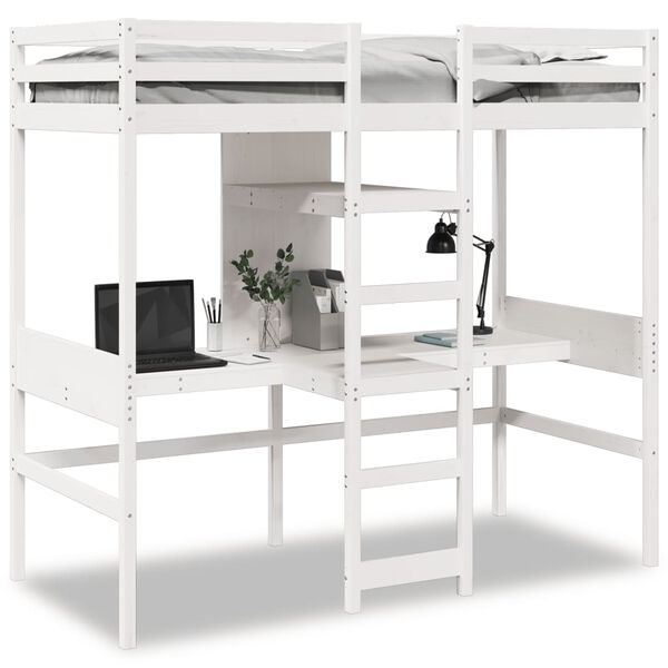 vidaXL Cama alta c/ secretárias/prateleiras 90x200 cm pinho branco