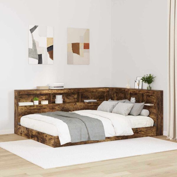 vidaXL Cama com Estante com cabeceira Carvalho fumado 140 x 200 cm