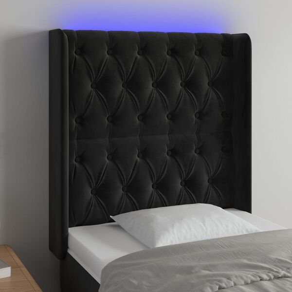 vidaXL Cabeceira de cama c/ luzes LED veludo 83x16x118/128 cm preto