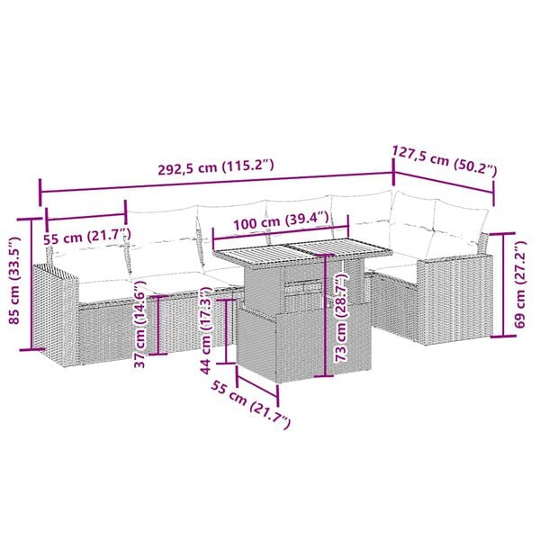 vidaXL 7 pcs conjunto de sof&aacute;s p/ jardim com almofad&otilde;es vime PE bege