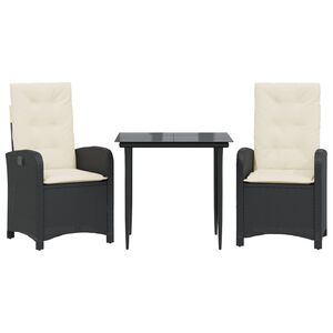 vidaXL 3 pcs conjunto de jantar p/ jardim c/ almofad&otilde;es vime PE preto