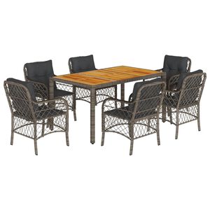 vidaXL 7 pcs conjunto de jantar p/ jardim c/ almofad&otilde;es vime PE cinza