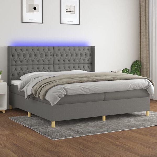 vidaXL Cama box spring c/ colch&atilde;o e LED 200x200 cm tecido cinza-escuro